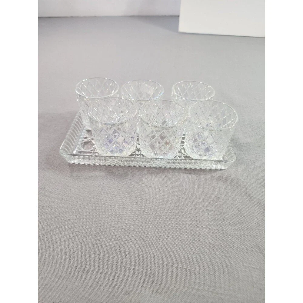 Vintage Cut Crystal Shot Glasses Set of 6 with Matching Rectangular Serving Tray